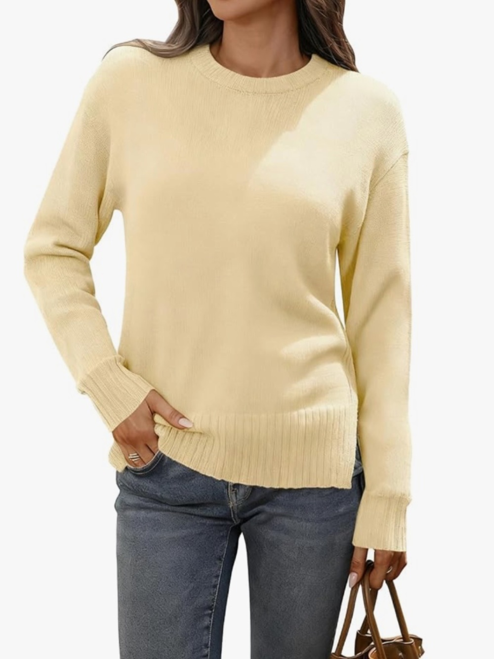 Women's Merino Wool Blend Sweater Crew Neck Side Slit Pullover